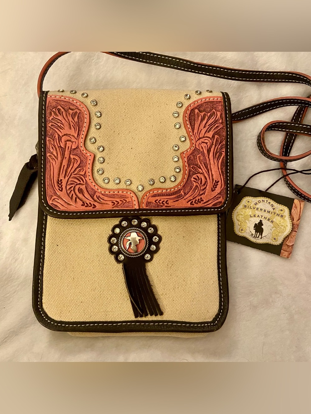 NWT Montana Silversmiths Cream Canvas Crossbody with Pink Tooled Leather Trim